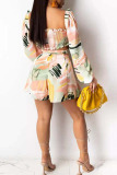 Yellow Pink Sexy Print Bandage Patchwork V Neck Long Sleeve Two Pieces