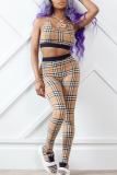 Apricot Sexy Plaid Patchwork O Neck Sleeveless Two Pieces