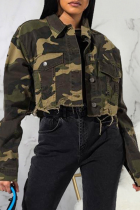 Camouflage Casual Camouflage Print Split Joint Turndown Collar Outerwear