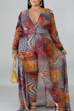 Brown Red Sexy Print Split Joint V Neck Plus Size Jumpsuits