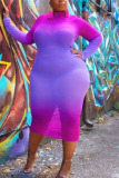 Purple Casual Gradual Change Print Split Joint See-through O Neck Pencil Skirt Plus Size Dresses