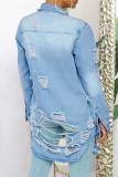 Baby Blue Fashion Casual Solid Ripped Turndown Collar Plus Size Overcoat