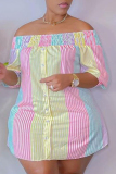 Pink Green Casual Cute Striped Print Off the Shoulder Straight Plus Size Dresses