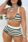 Green Sexy Striped Bandage Split Joint Swimwears