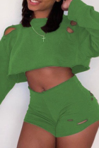 Green Casual Solid Ripped O Neck Long Sleeve Two Pieces