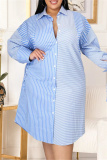 Light Blue Fashion Casual Plus Size Striped Print Without Belt Turndown Collar Shirt Dress