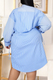 Light Blue Fashion Casual Plus Size Striped Print Without Belt Turndown Collar Shirt Dress