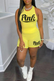 Yellow Casual Sportswear Letter Print Vests O Neck Sleeveless Two Pieces
