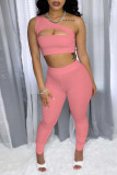 Pink Fashion Sexy Solid Hollowed Out One Shoulder Sleeveless Two Pieces