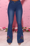 Blue Casual Print Draw String Plus Size Jeans
