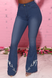 Blue Casual Solid Draw String Mid Waist Boot Cut Denim Jeans