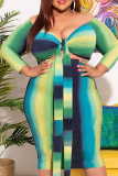 Green Sexy Print Hollowed Out Off the Shoulder Pencil Skirt Plus Size Dresses