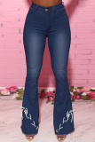 Baby Blue Casual Solid Draw String Mid Waist Boot Cut Denim Jeans