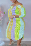 Pink Green Fashion Casual Plus Size Striped Print Backless Off the Shoulder Long Dress