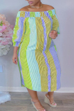 Pink Green Fashion Casual Plus Size Striped Print Backless Off the Shoulder Long Dress