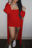 Tangerine Red Sexy Solid Split Joint Strapless Long Sleeve Two Pieces