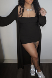 Black Sexy Solid Split Joint Strapless Long Sleeve Two Pieces