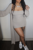Grey Sexy Solid Split Joint Strapless Long Sleeve Two Pieces