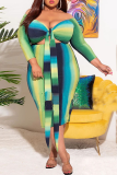 Green Sexy Print Hollowed Out Off the Shoulder Pencil Skirt Plus Size Dresses