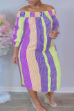 Purple Fashion Casual Plus Size Striped Print Backless Off the Shoulder Long Dress