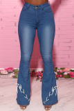 Baby Blue Casual Solid Draw String Mid Waist Boot Cut Denim Jeans