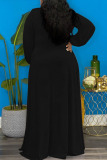 Black Elegant Solid Split Joint Frenulum High Opening V Neck Long Sleeve Plus Size Dresses