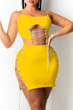 Yellow Sexy Solid Hollowed Out Chains Spaghetti Strap Sleeveless Two Pieces