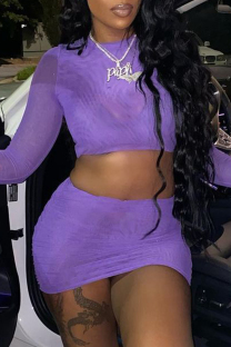 Purple Fashion Sexy Solid See-through O Neck Long Sleeve Two Pieces