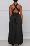 Black Fashion Casual Plus Size Solid Bandage Backless Slit V Neck Sleeveless Dress