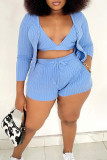 Blue Sexy Casual Solid Cardigan V Neck Plus Size Two Pieces
