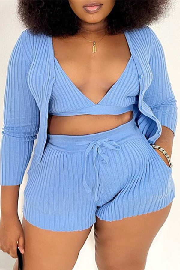 Blue Sexy Casual Solid Cardigan V Neck Plus Size Two Pieces