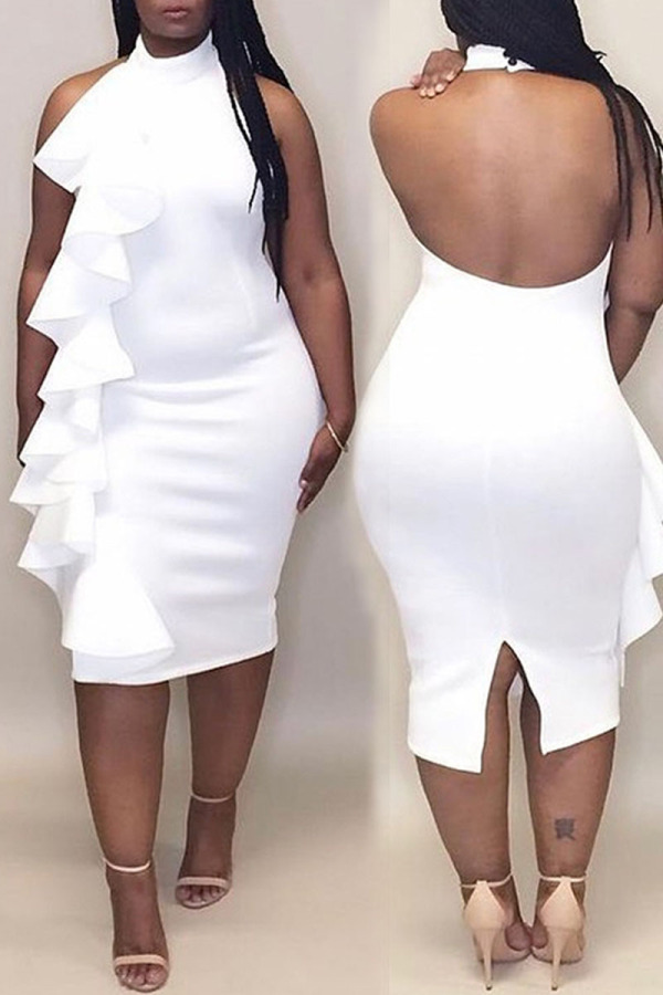 White Sexy Solid Flounce Halter Straight Dresses