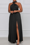 Black Fashion Casual Plus Size Solid Bandage Backless Slit V Neck Sleeveless Dress