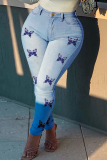 Medium Blue Fashion Casual Butterfly Print Basic Plus Size Jeans