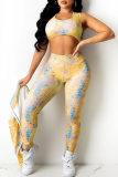 Yellow Sexy Print Split Joint Zipper Collar Long Sleeve Two Pieces