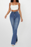 Baby Blue Casual Solid Split Joint Mid Waist Boot Cut Denim Jeans