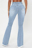 Blue Casual Solid Split Joint Mid Waist Boot Cut Denim Jeans