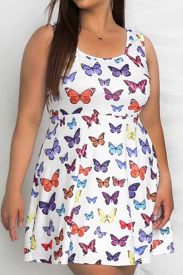 White Casual Butterfly Print Split Joint U Neck Vest Dress Plus Size Dresses