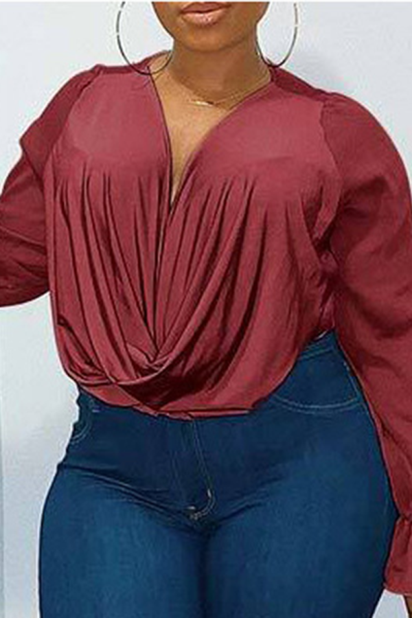 Burgundy Casual Solid Mesh O Neck Plus Size Tops