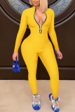 Yellow Casual Solid Patchwork Zipper Collar Skinny Jumpsuits