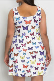White Casual Butterfly Print Split Joint U Neck Vest Dress Plus Size Dresses