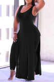 Black Fashion Casual Solid Tassel Vests U Neck Plus Size Two Pieces