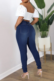 Deep Blue Casual Solid Ripped High Waist Skinny Denim Jeans