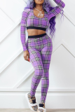 Purple Casual Plaid Patchwork O Neck Long Sleeve Two Pieces