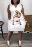 White Fashion Casual Plus Size Print Basic V Neck A Line Dresses