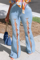 Baby Blue Fashion Casual Solid Bandage Slit High Waist Regular Denim Jeans
