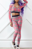 Pink Casual Plaid Patchwork O Neck Long Sleeve Two Pieces