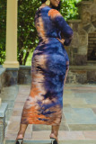 Dark Blue Elegant Print Tie Dye Patchwork O Neck Long Sleeve Dresses