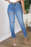 Light Blue Casual Solid Ripped High Waist Skinny Denim Jeans