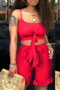Red Casual Solid Flounce Spaghetti Strap Sleeveless Two Pieces